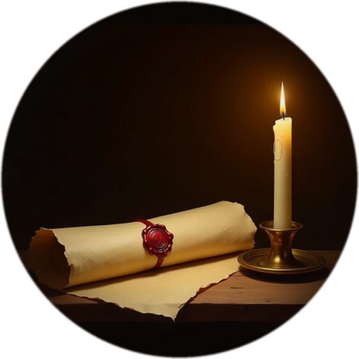 The house mark: a sealed scroll beside a lit candle